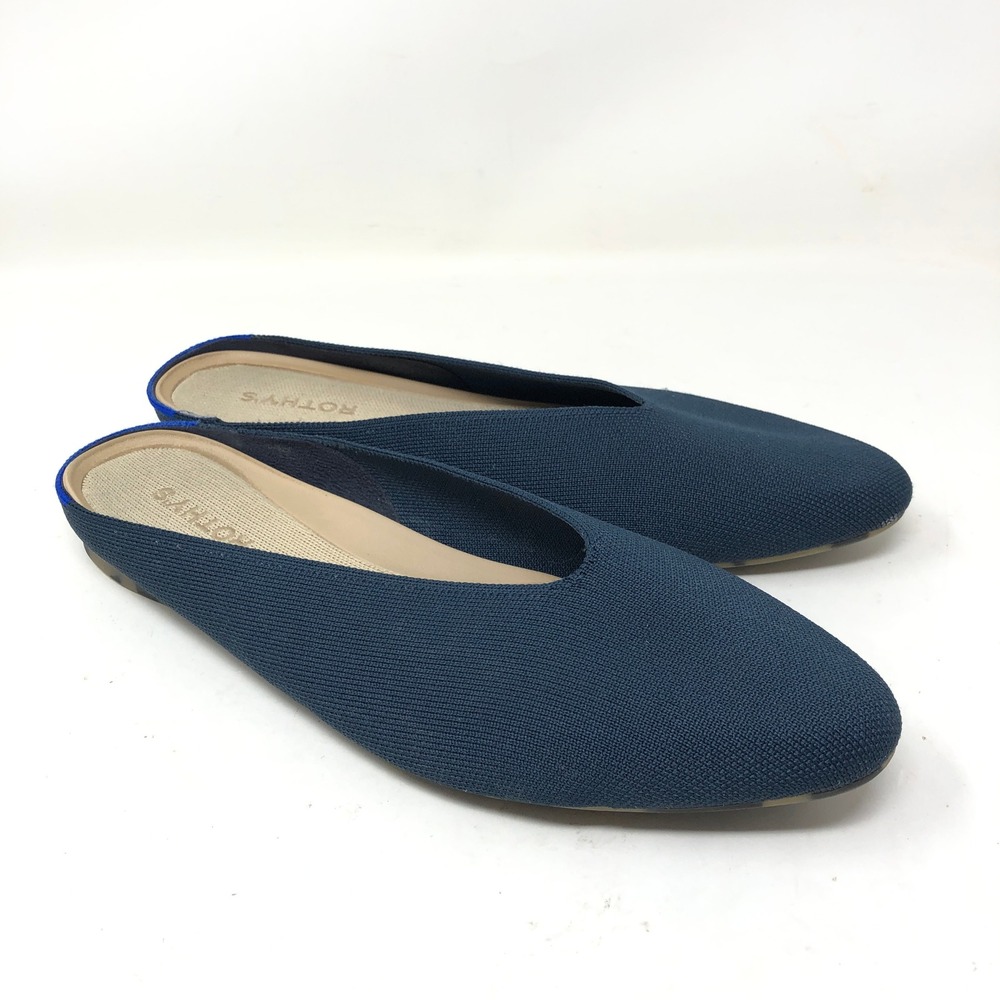 Rothys Womens 11.5 Almond Demi Mule Navy Blue Knit Tortoise Sole Slip On Comfort